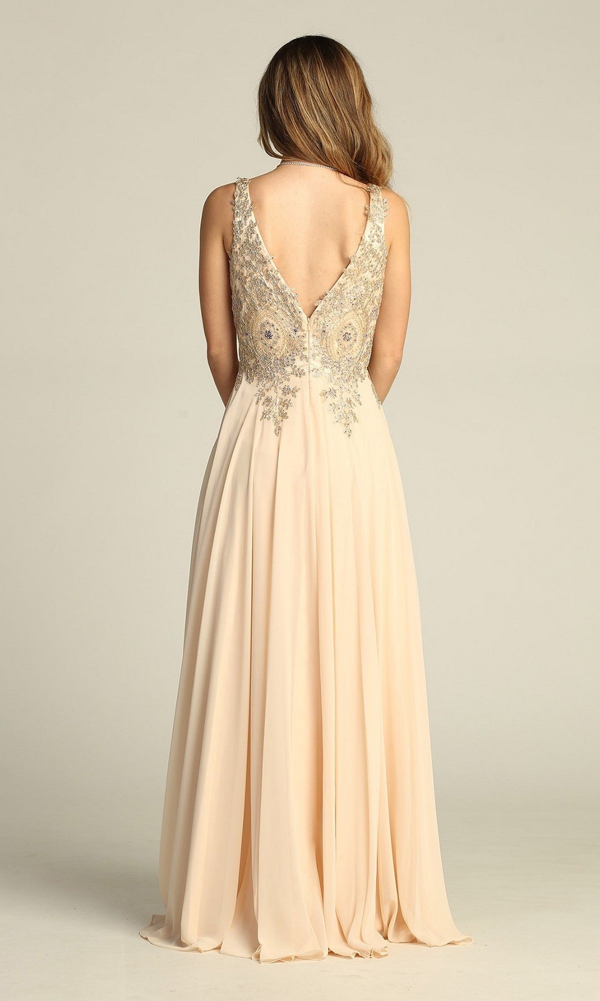 A woman with long brown hair is elegantly seen from the back wearing the Chicas DM4006 Long Formal Dress, which features a sleeveless embroidered bodice and a floor-length cream chiffon A-line skirt.